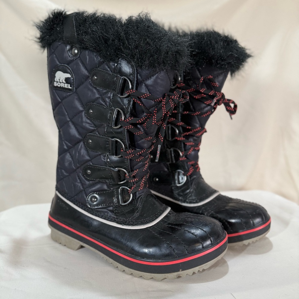 Sorel Tofino Cate Boots Sz 7 Black Faux Fur Waterproof Winter Après Ski Gorpcore